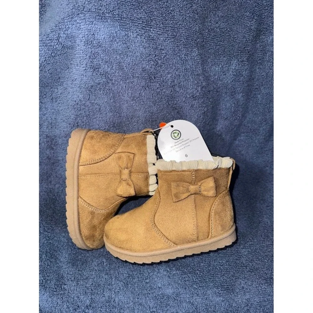 Wonder‎ Nation Toddler Girls Faux Suede Shearling Boots Brown Bow Size 6 NEW